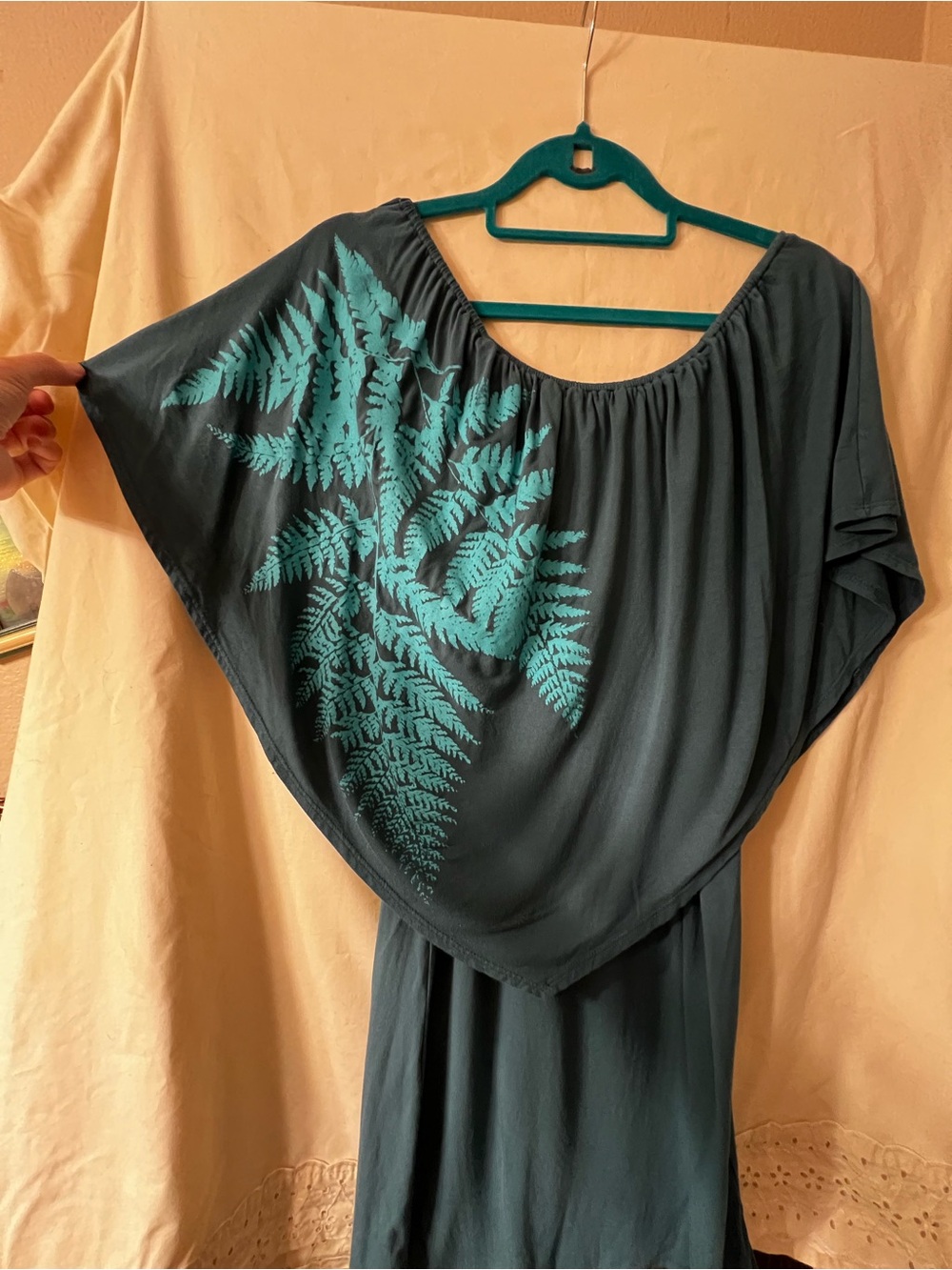 Women's Off the-Shoulder Teal Fern-Print Dress
